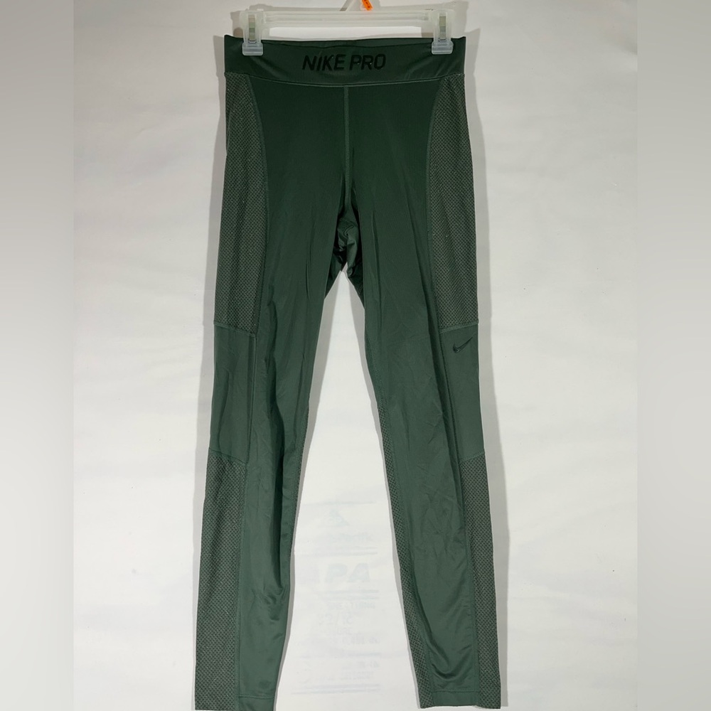 NIKE PRO ATHLETIC LEGGINGS WITH SPARKLE‎ MESH PANELS M OLIVE GREEN NEW A46